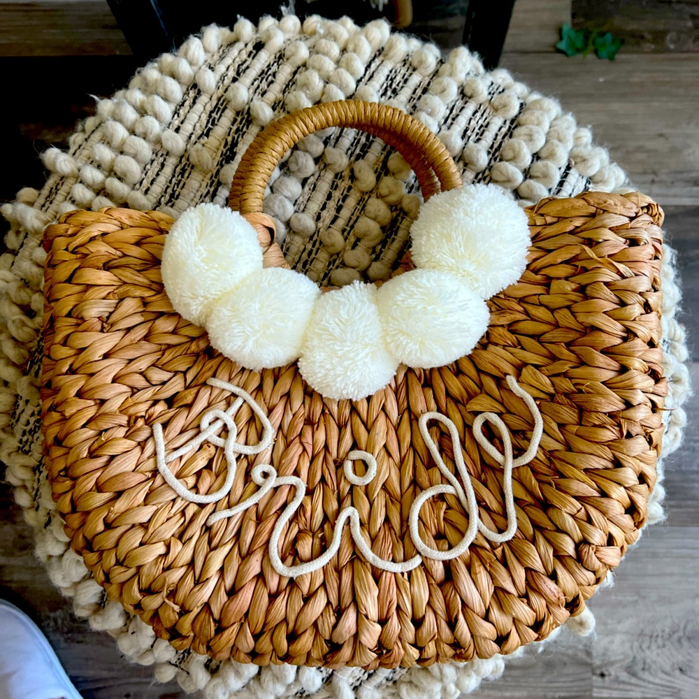 Tan Woven Handbag with White Accents